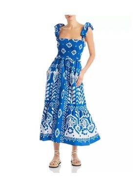 Sea NY Blue Cotton Sonia Print Smocked Coastal Midi Dress, Tropical Resort, XS